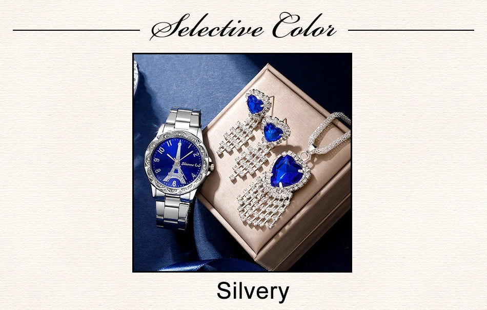 Parisian Dream Collection: Eiffel Tower Watch & Blue Heart Jewelry Set