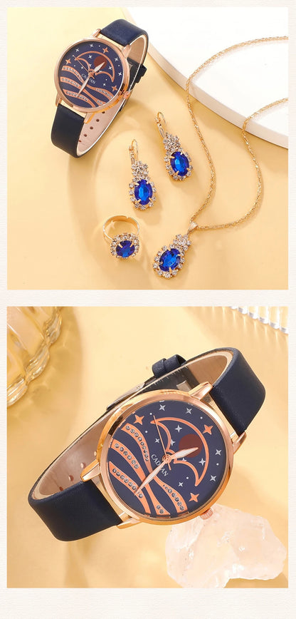 Celestial Blue Collection: 5-Piece Moonlight Jewelry & Watch Set with Sapphire Accents