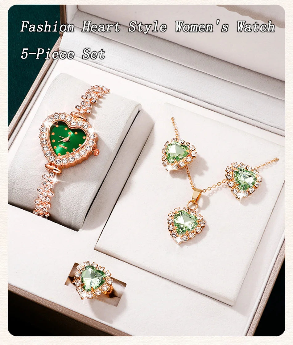 Emerald Heart Collection: Elegant 5-Piece Jewelry & Watch Set in Sparkling Green