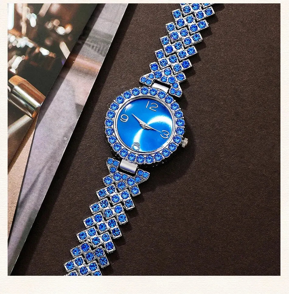 Sparkling Elevated Sapphire Heart Collection: Blue Crystal Watch & Jewelry Set