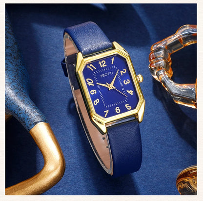 Royal Collection Blue Red Black: Elegant 6-Piece Jewelry & Watch Set with Blue Leather Band