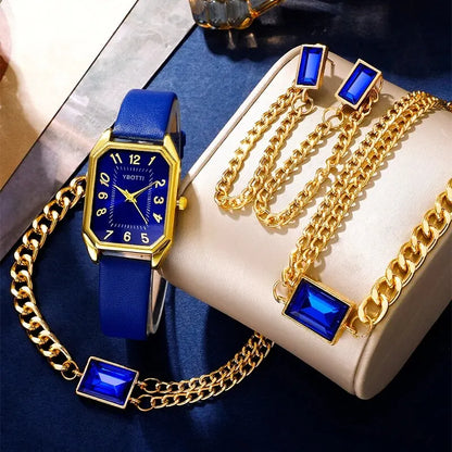 The Royal Blue Collection: Elegant Jewelry & Watch Set for Women