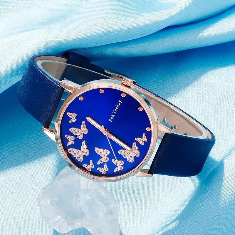 Blue Butterfly Quartz Watch & Gold Bracelet Set for Women – Elegant 6-Piece Jewelry Collection