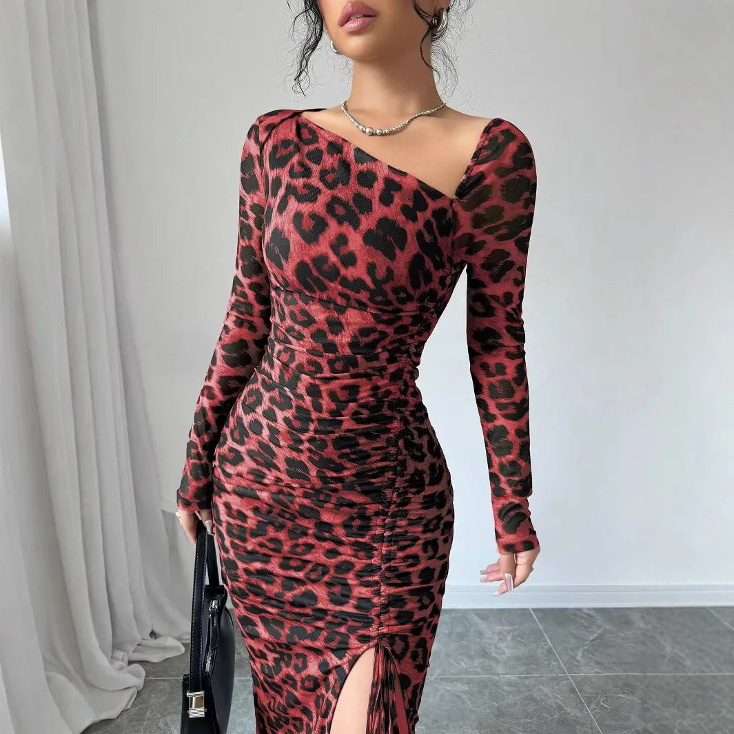Leopard Print Ruffled Bodycon Party Dress