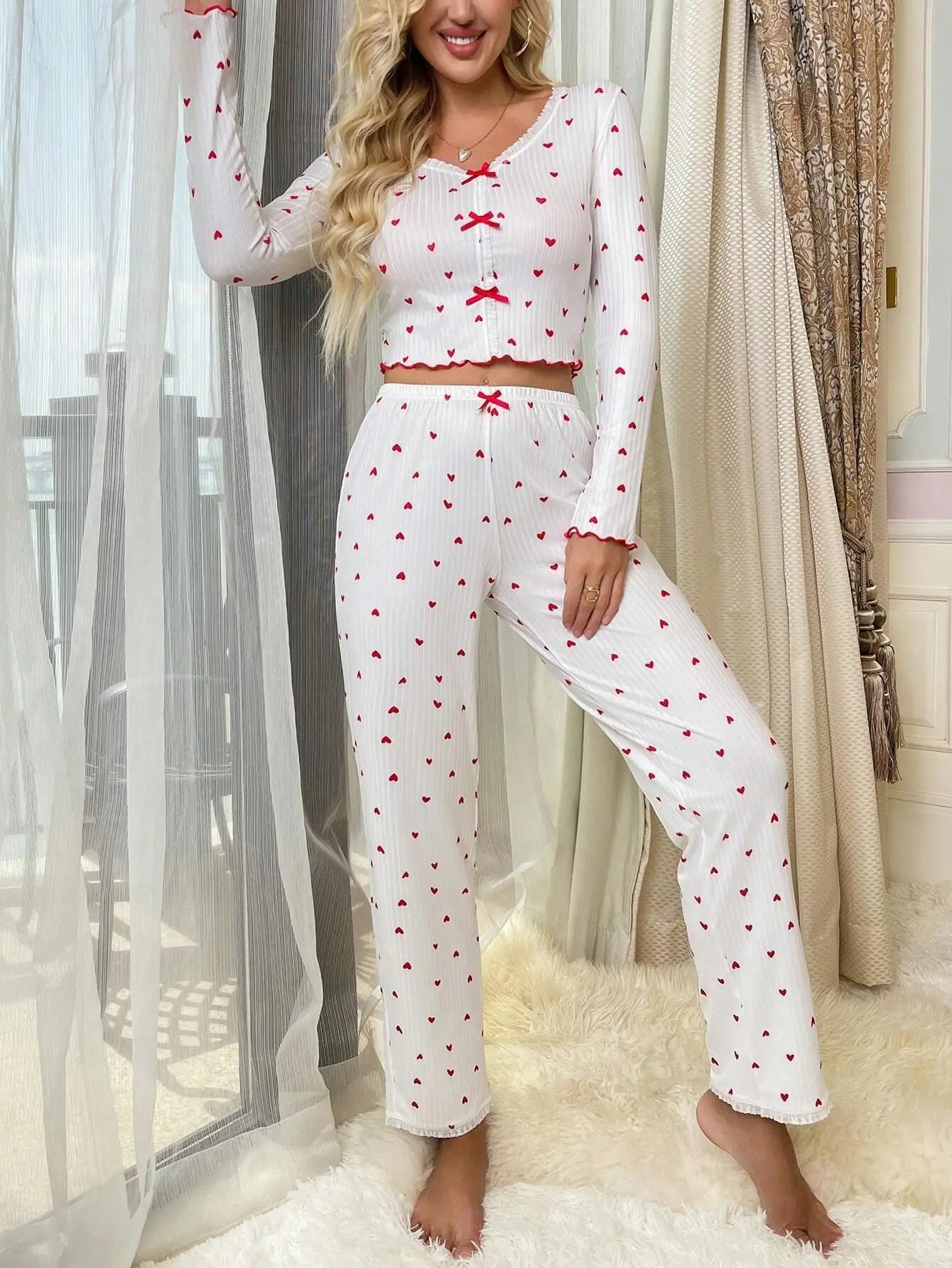 Romantic Heart-Print Pajama Set – Soft & Elegant Sleepwear