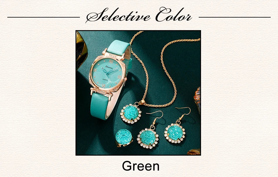 Turquoise Sparkle Collection: 5-Piece Jewelry & Watch Set with Crystal Accents