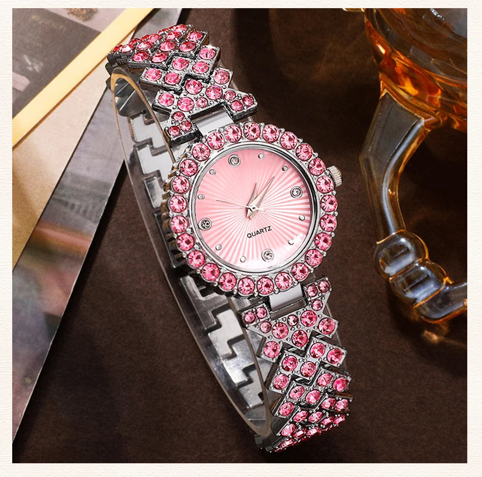 Sparkling Heart Glamour Collection: 5-Piece Pink Crystal Jewelry & Watch Set