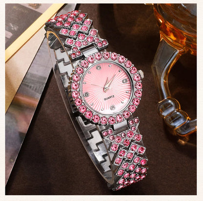 Sparkling Heart Glamour Collection: 5-Piece Pink Crystal Jewelry & Watch Set