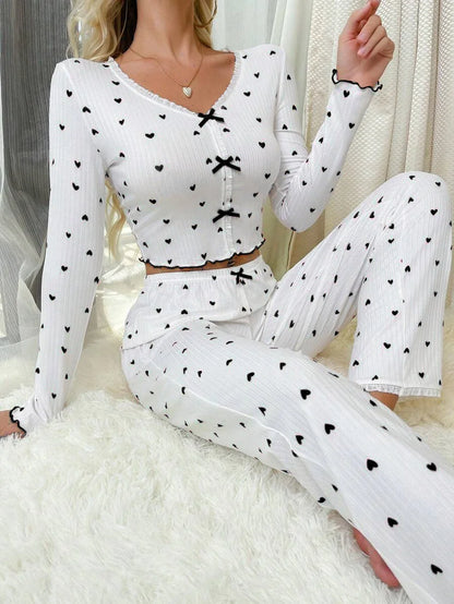 Romantic Heart-Print Pajama Set – Soft & Elegant Sleepwear