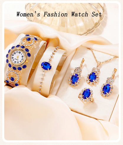 Sapphire Radiance: 6-Piece Jewelry & Watch Set in Royal Blue & Gold
