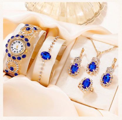 Sapphire Radiance: 6-Piece Jewelry & Watch Set in Royal Blue & Gold