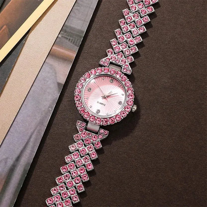 Sparkling Heart Glamour Collection: 5-Piece Pink Crystal Jewelry & Watch Set