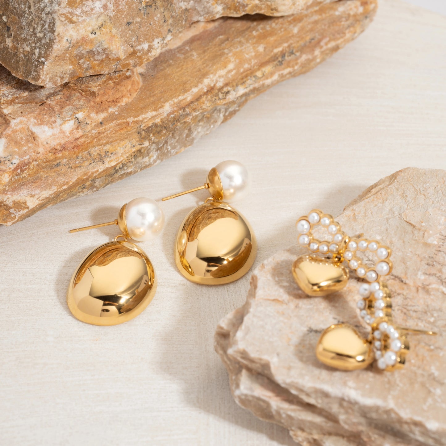 Golden Pearl & Heart Bow Earrings – Timeless Elegance for Every Occasion