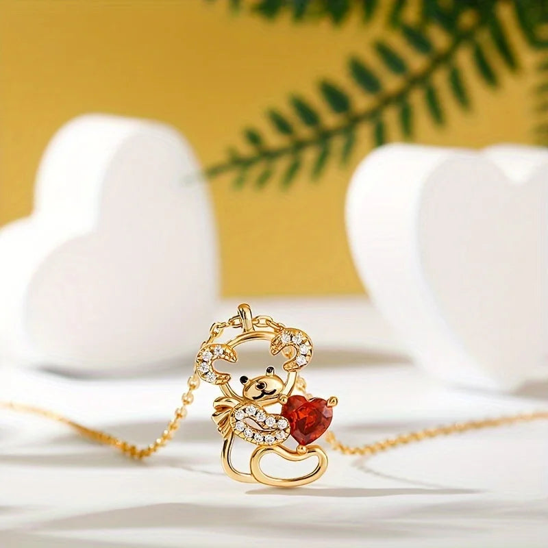 Teddy Heart Necklace: Gold-Plated Elegance with Crystal Charm