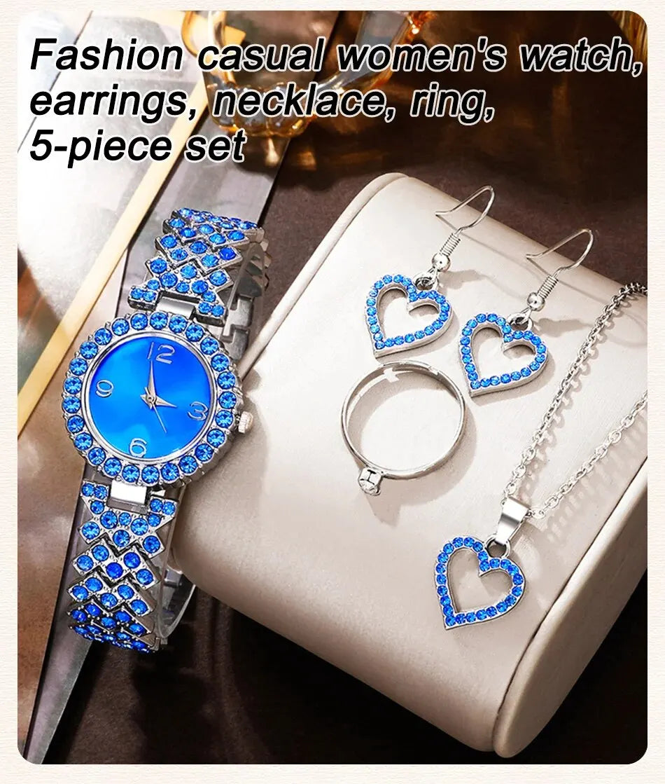 Sparkling Elevated Sapphire Heart Collection: Blue Crystal Watch & Jewelry Set