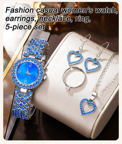 Sparkling Elevated Sapphire Heart Collection: Blue Crystal Watch & Jewelry Set