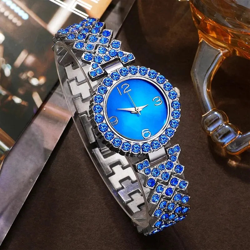 Sparkling Elevated Sapphire Heart Collection: Blue Crystal Watch & Jewelry Set