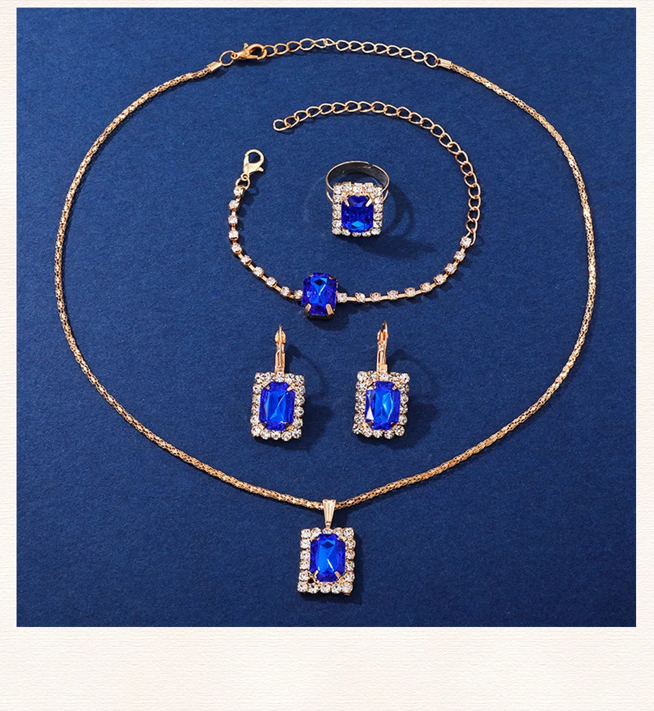 Royal Collection Blue Red Black: Elegant 6-Piece Jewelry & Watch Set with Blue Leather Band