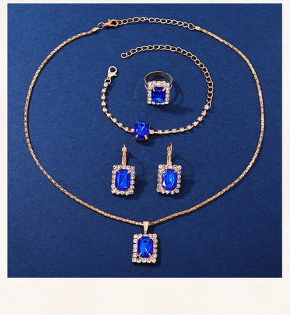 Royal Collection Blue Red Black: Elegant 6-Piece Jewelry & Watch Set with Blue Leather Band