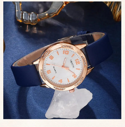 Midnight Sapphire Collection: Blue Leather Watch & Crystal Jewelry Set