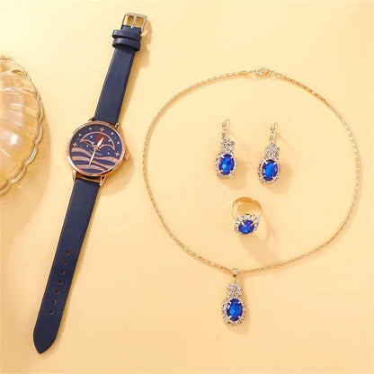 Celestial Blue Collection: 5-Piece Moonlight Jewelry & Watch Set with Sapphire Accents