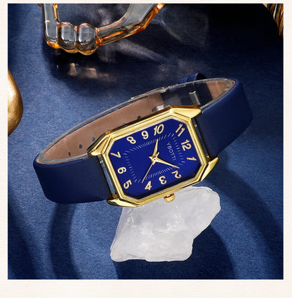 Royal Collection Blue Red Black: Elegant 6-Piece Jewelry & Watch Set with Blue Leather Band