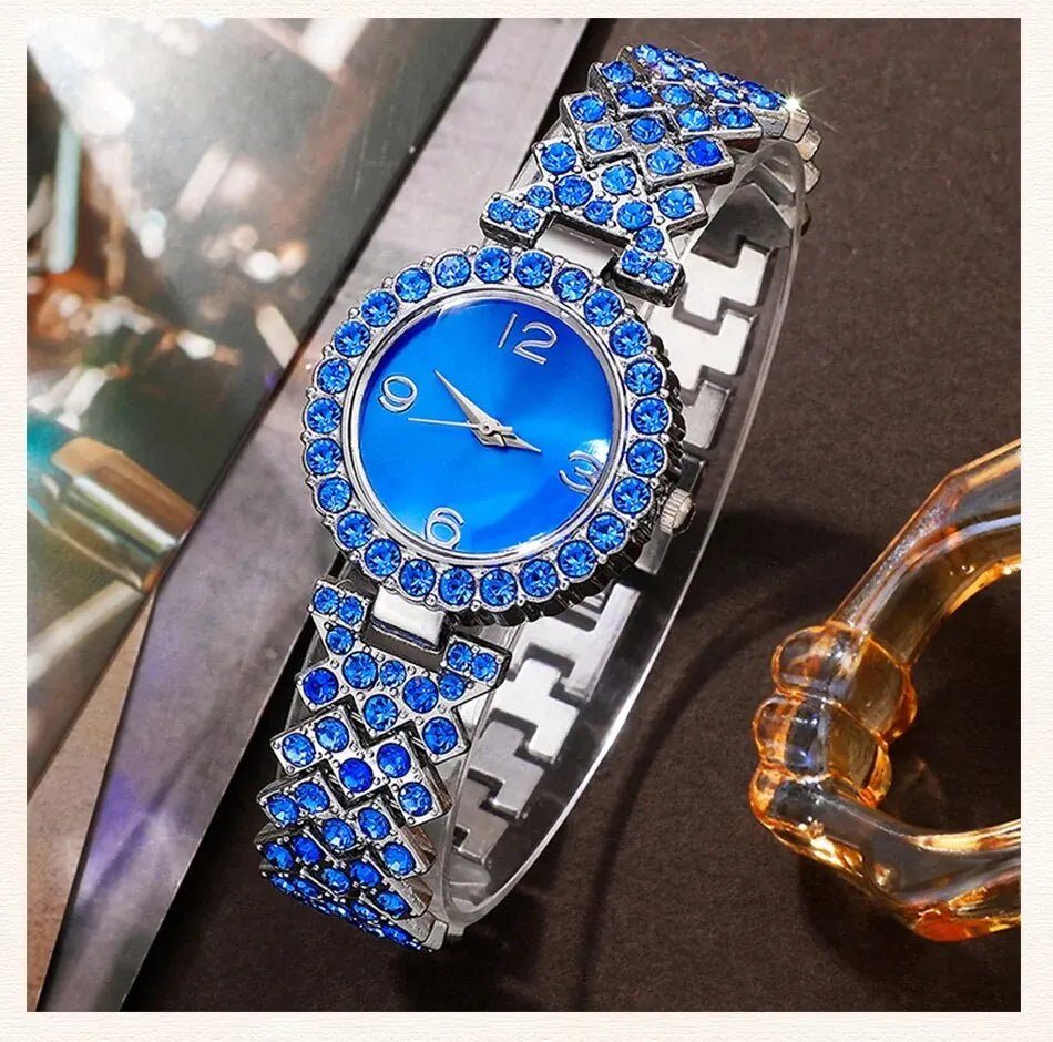 Sparkling Elevated Sapphire Heart Collection: Blue Crystal Watch & Jewelry Set