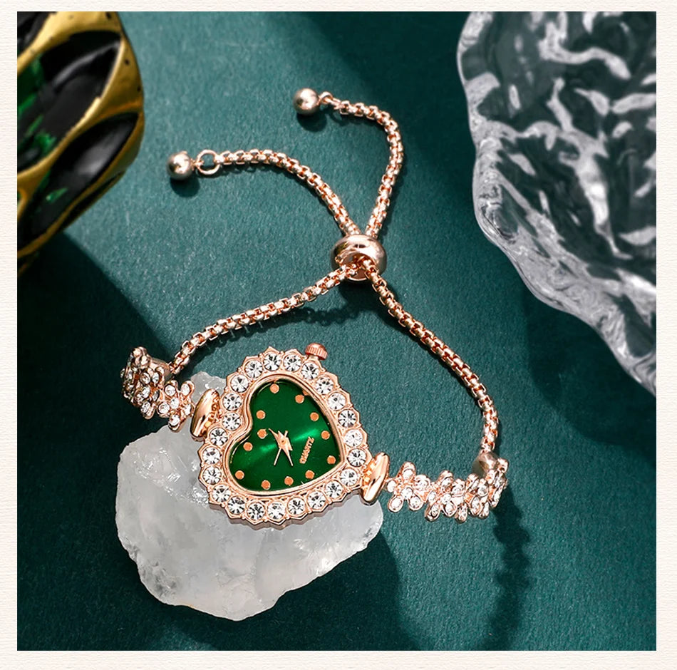 Emerald Heart Collection: Elegant 5-Piece Jewelry & Watch Set in Sparkling Green