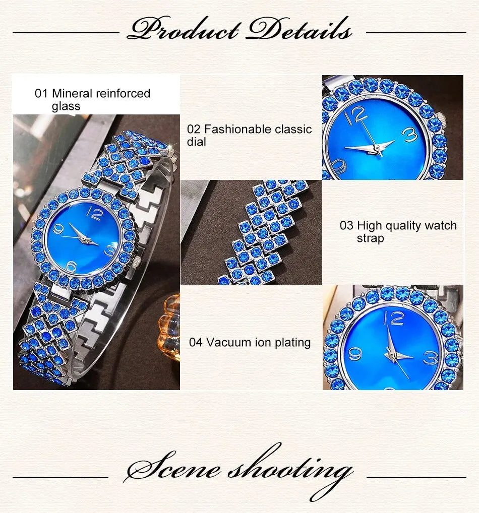 Sparkling Elevated Sapphire Heart Collection: Blue Crystal Watch & Jewelry Set