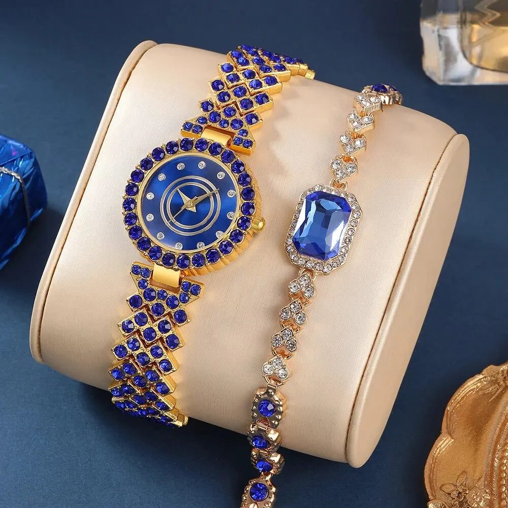 Midnight Blue Crystal Watch & Bracelet Set – Elegance in Sapphire & Gold
