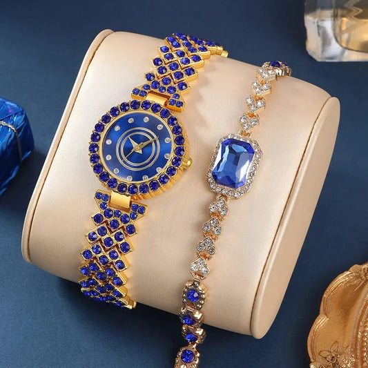 Midnight Blue Crystal Watch & Bracelet Set – Elegance in Sapphire & Gold