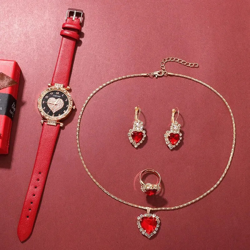 Heart Luxe Collection: Romantic 5-Piece Jewelry & Watch Set in Radiant Red
