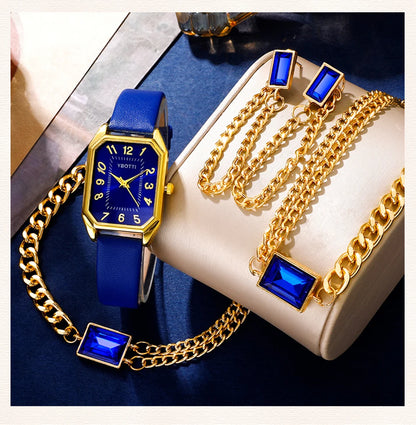 The Royal Blue Collection: Elegant Jewelry & Watch Set for Women