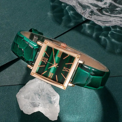 Emerald Luxe Collection: Fine Jewelry Set with Square-Cut Quartz Watch & Gemstone Accents