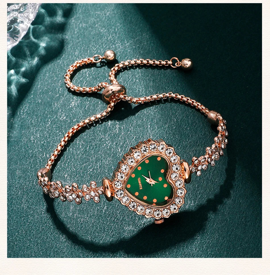 Emerald Heart Collection: Elegant 5-Piece Jewelry & Watch Set in Sparkling Green