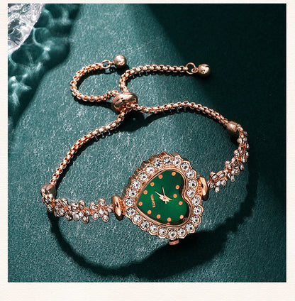 Emerald Heart Collection: Elegant 5-Piece Jewelry & Watch Set in Sparkling Green