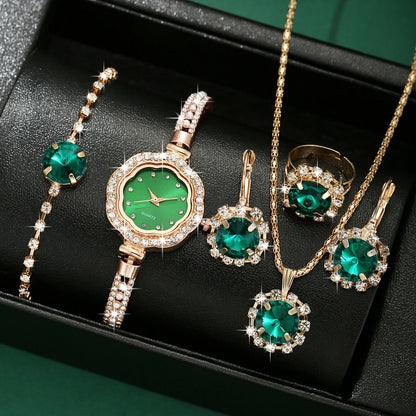 Emerald Elegance 6-Piece Jewelry & Watch Set