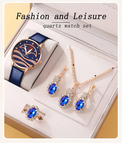 Celestial Blue Collection: 5-Piece Moonlight Jewelry & Watch Set with Sapphire Accents