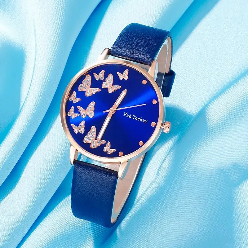 Blue Butterfly Quartz Watch & Gold Bracelet Set for Women – Elegant 6-Piece Jewelry Collection