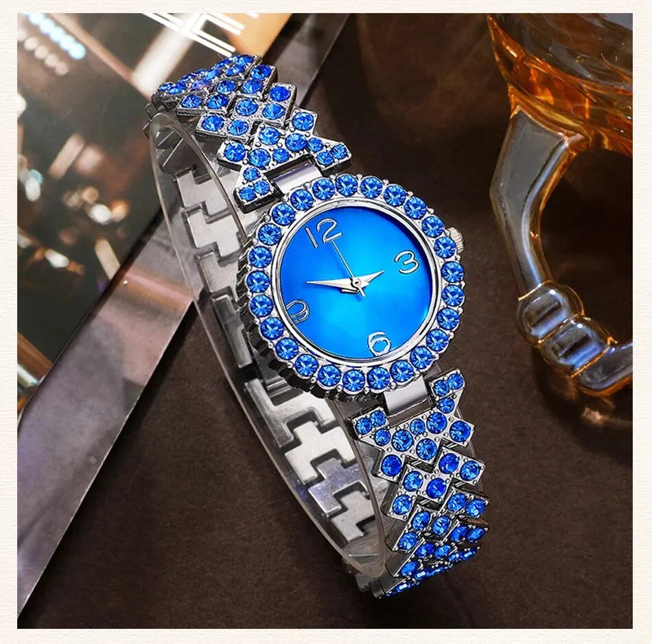 Sparkling Elevated Sapphire Heart Collection: Blue Crystal Watch & Jewelry Set