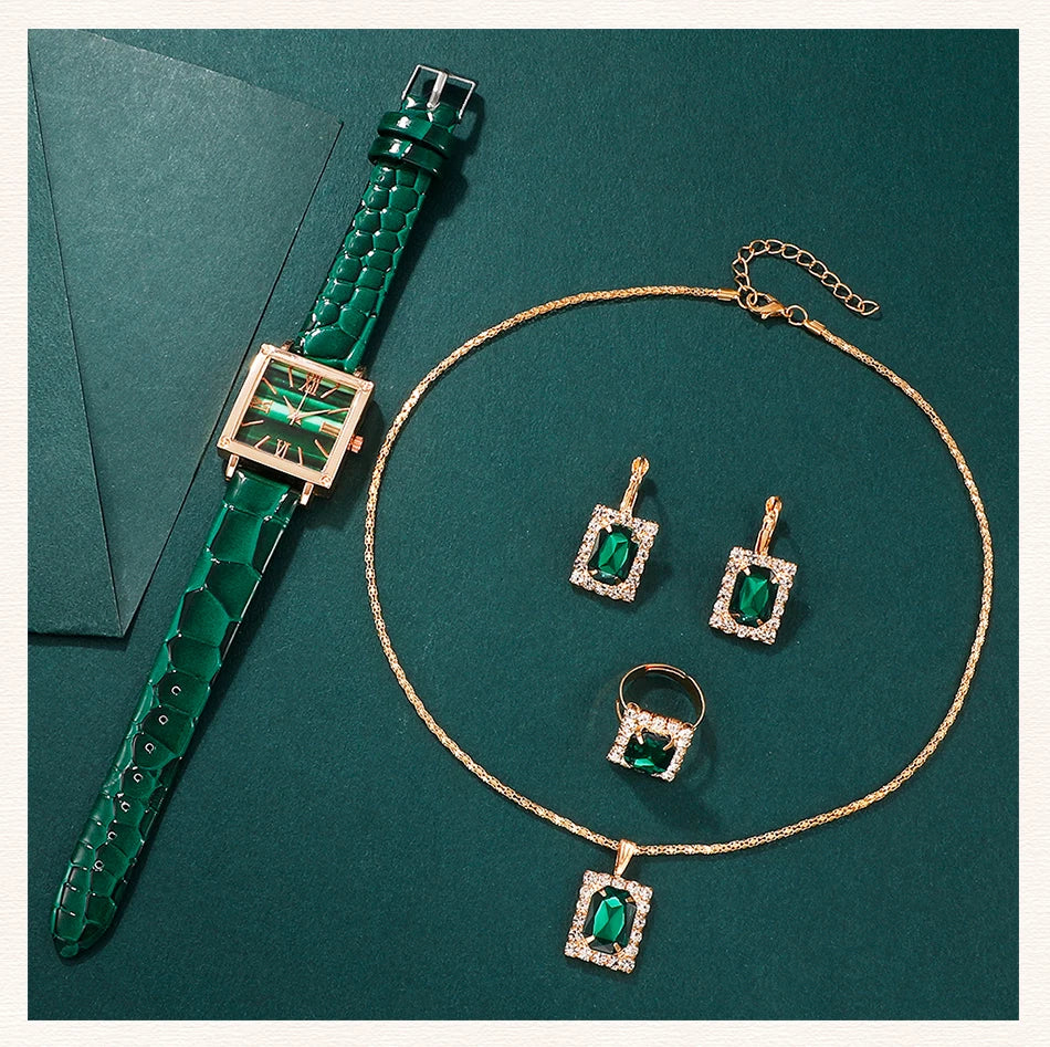 Emerald Luxe Collection: Fine Jewelry Set with Square-Cut Quartz Watch & Gemstone Accents