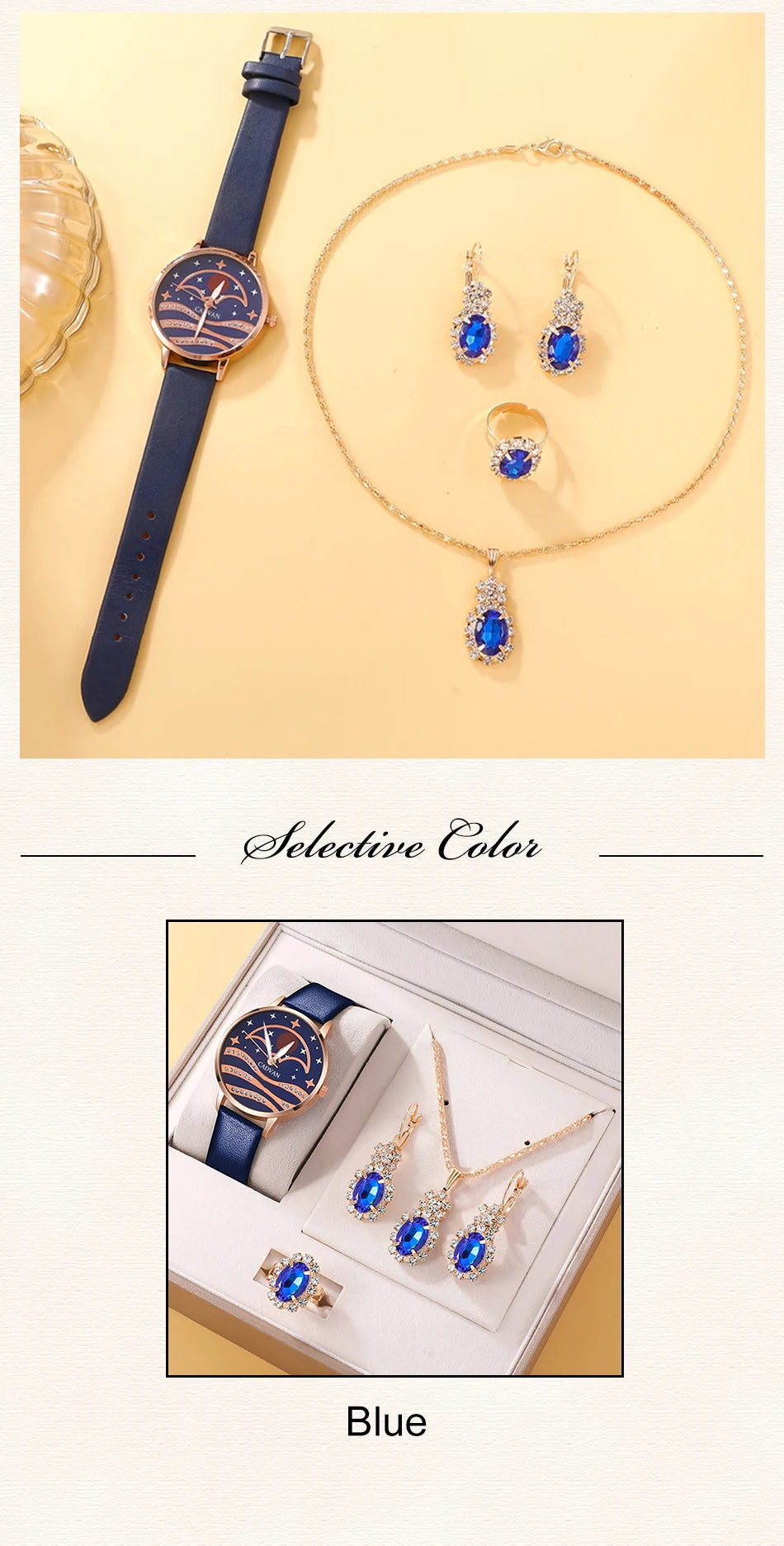 Celestial Blue Collection: 5-Piece Moonlight Jewelry & Watch Set with Sapphire Accents