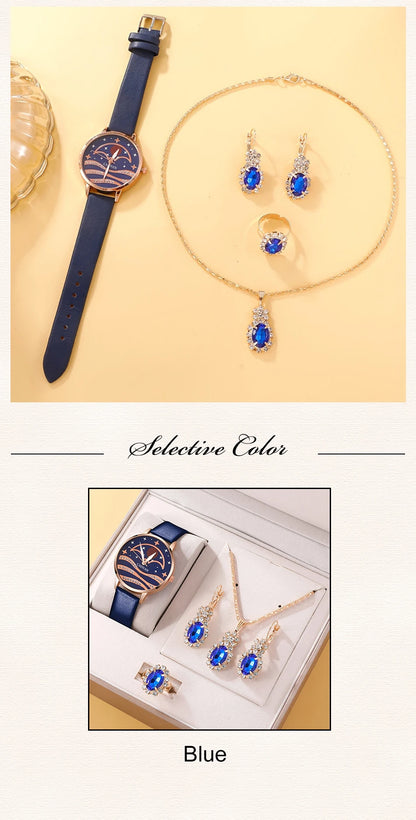 Celestial Blue Collection: 5-Piece Moonlight Jewelry & Watch Set with Sapphire Accents