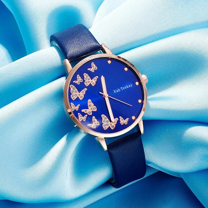 Blue Butterfly Quartz Watch & Gold Bracelet Set for Women – Elegant 6-Piece Jewelry Collection